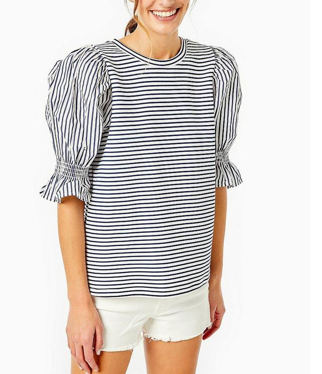 Addison Bay Wharf Striped Crew Neck Elbow Puff Sleeve Top Product Image