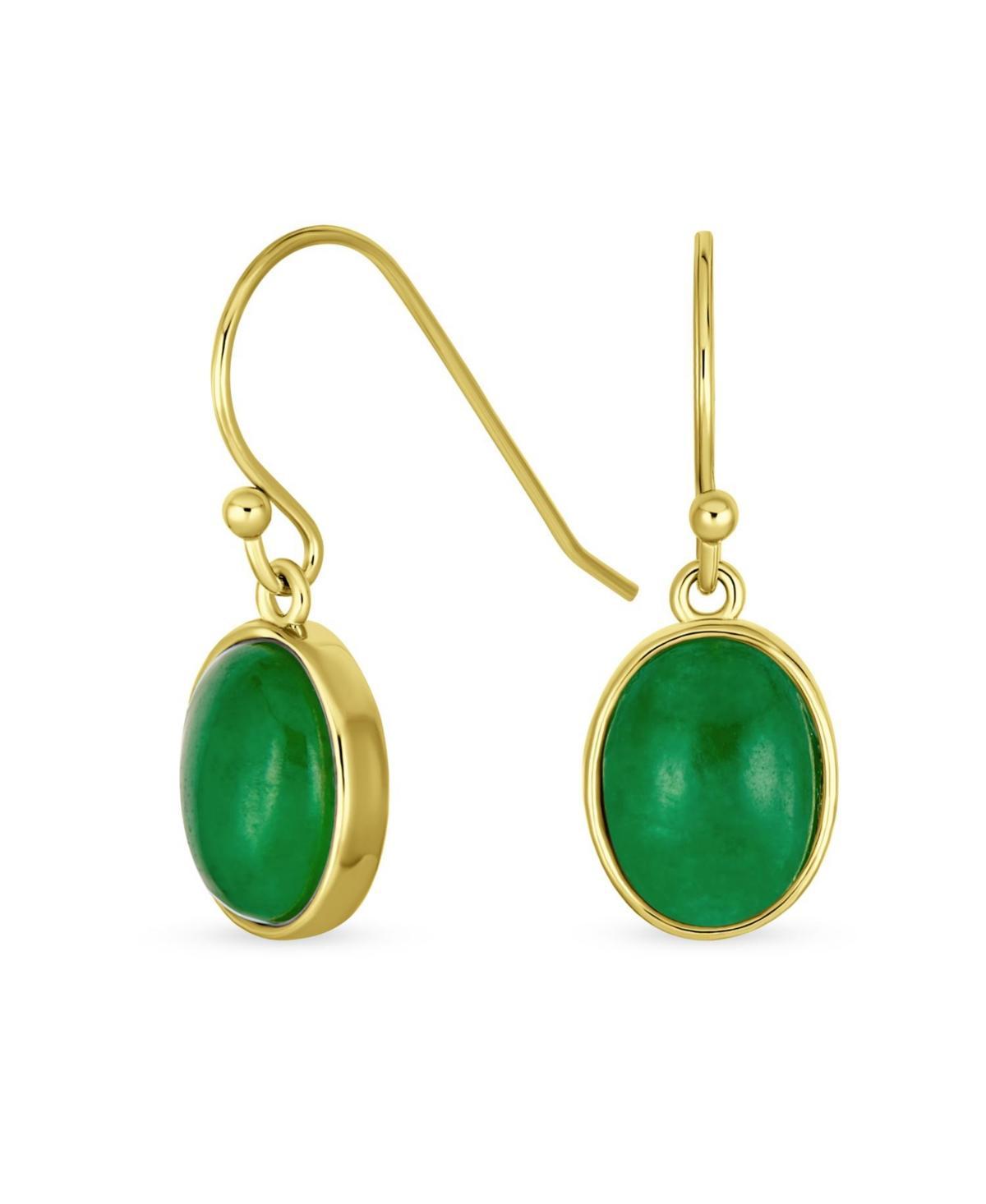 Classic Elegant Green Jade Bezel Set Oval Cabochon Gemstone Drop Earrings For Women Gold Plated .925 Sterling Silver Wire Fish Hook Product Image