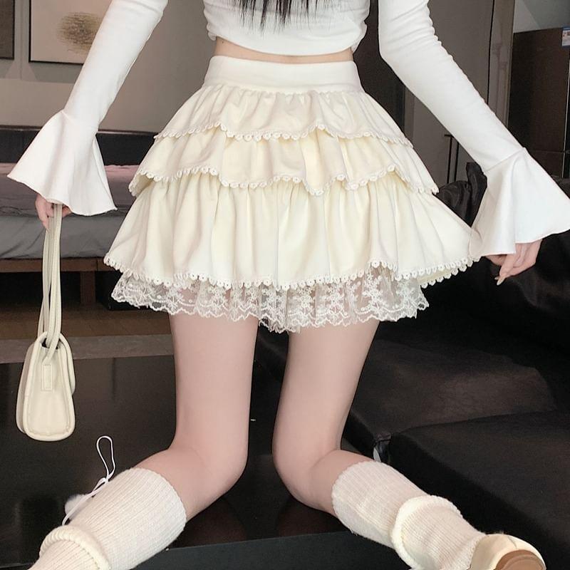 High Rise Plain Tiered Lace Trim Mini A-Line Skirt Product Image