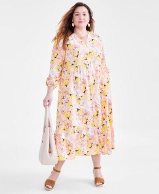 Plus Size Floral-Print Tiered 3/4-Sleeve Dress, Created for Macy's Product Image