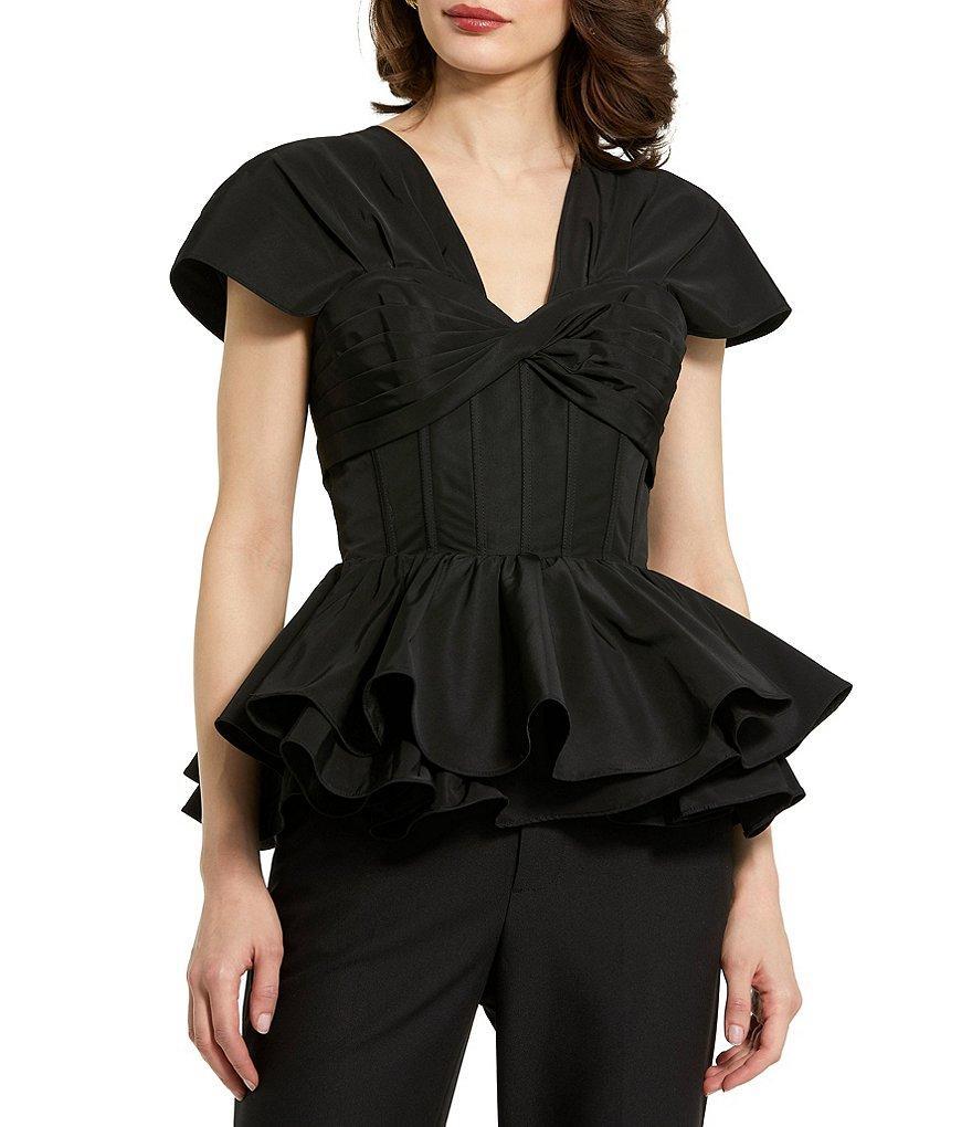 Mac Duggal Faille V-Neck Pleated Cap Sleeve Twist Front Peplum Hem Bustier Top Product Image