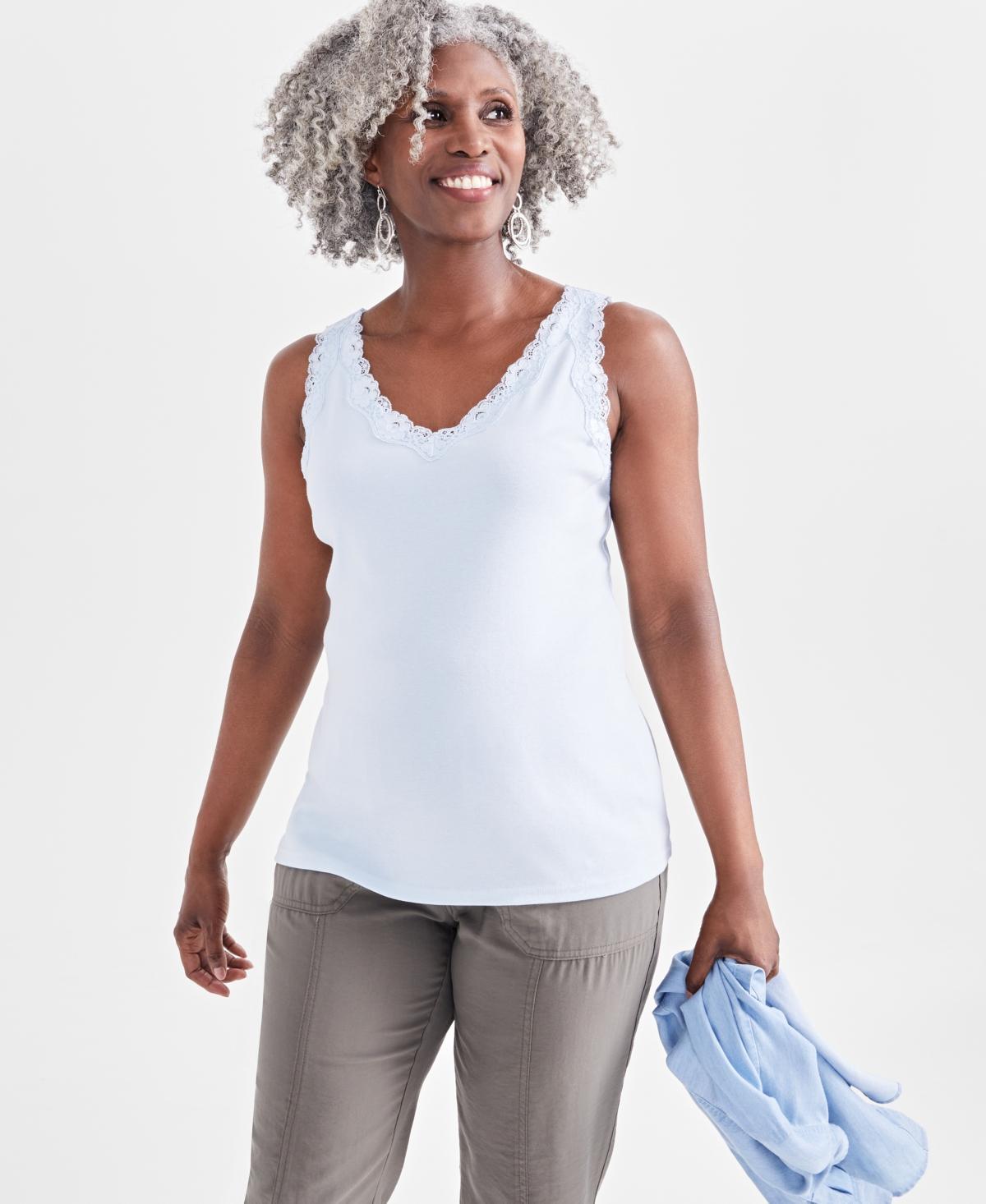 Women's Lace-Trim Cotton Tank Top, Created for Macy's Product Image