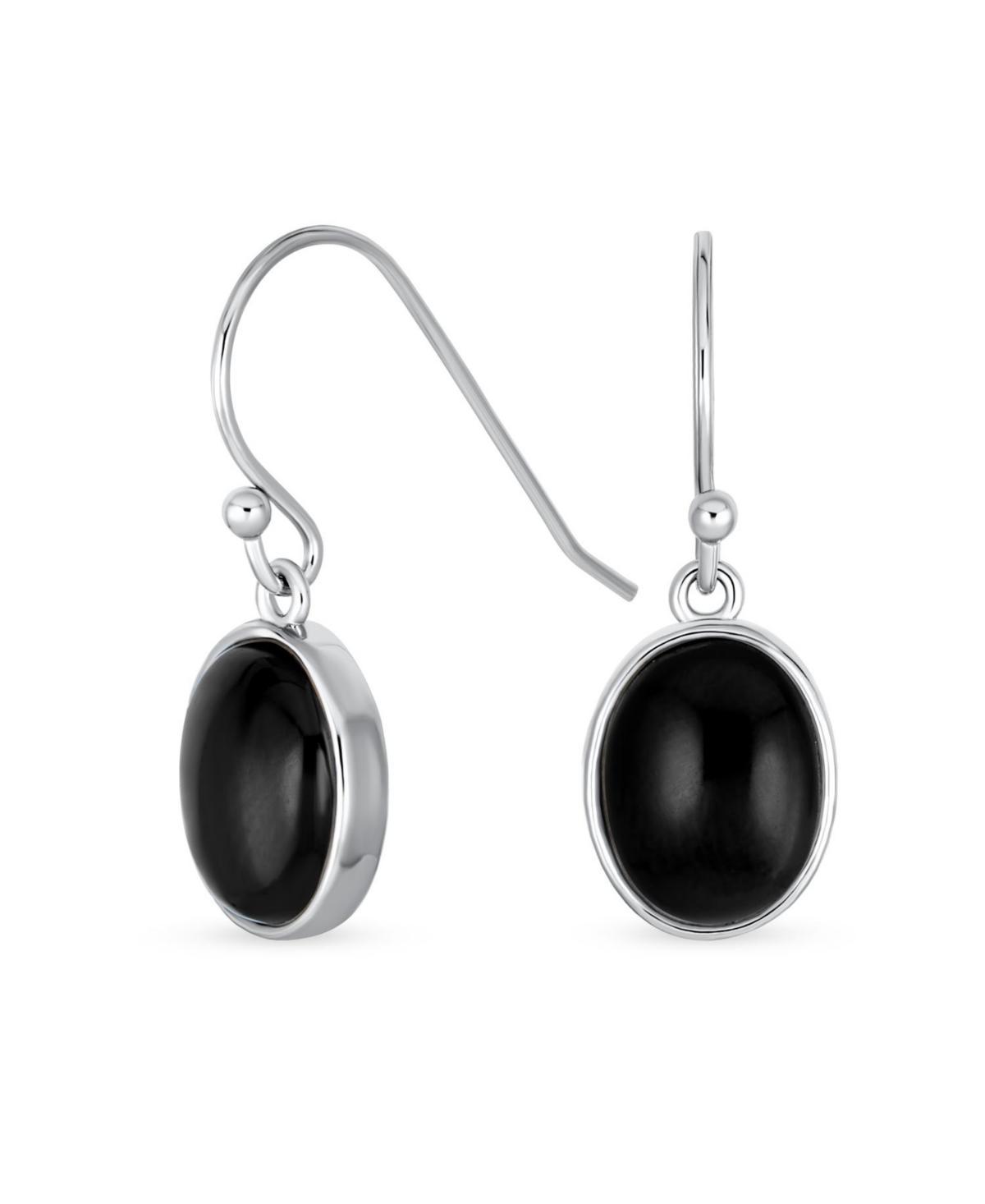 Classic Elegant Black Onyx Bezel Set Oval Cabochon Gemstone Drop Earrings For Women .925 Sterling Silver Wire Fish Hook Product Image