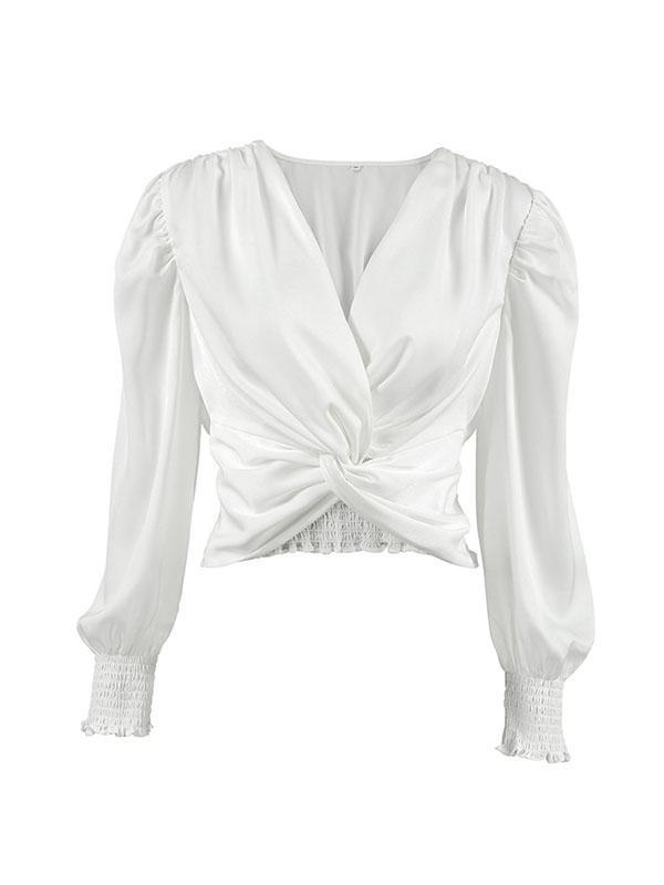 Loose Puff Sleeves Elasticity Pleated Solid Color Split-Joint V-Neck Blouses&Shirts Tops Product Image