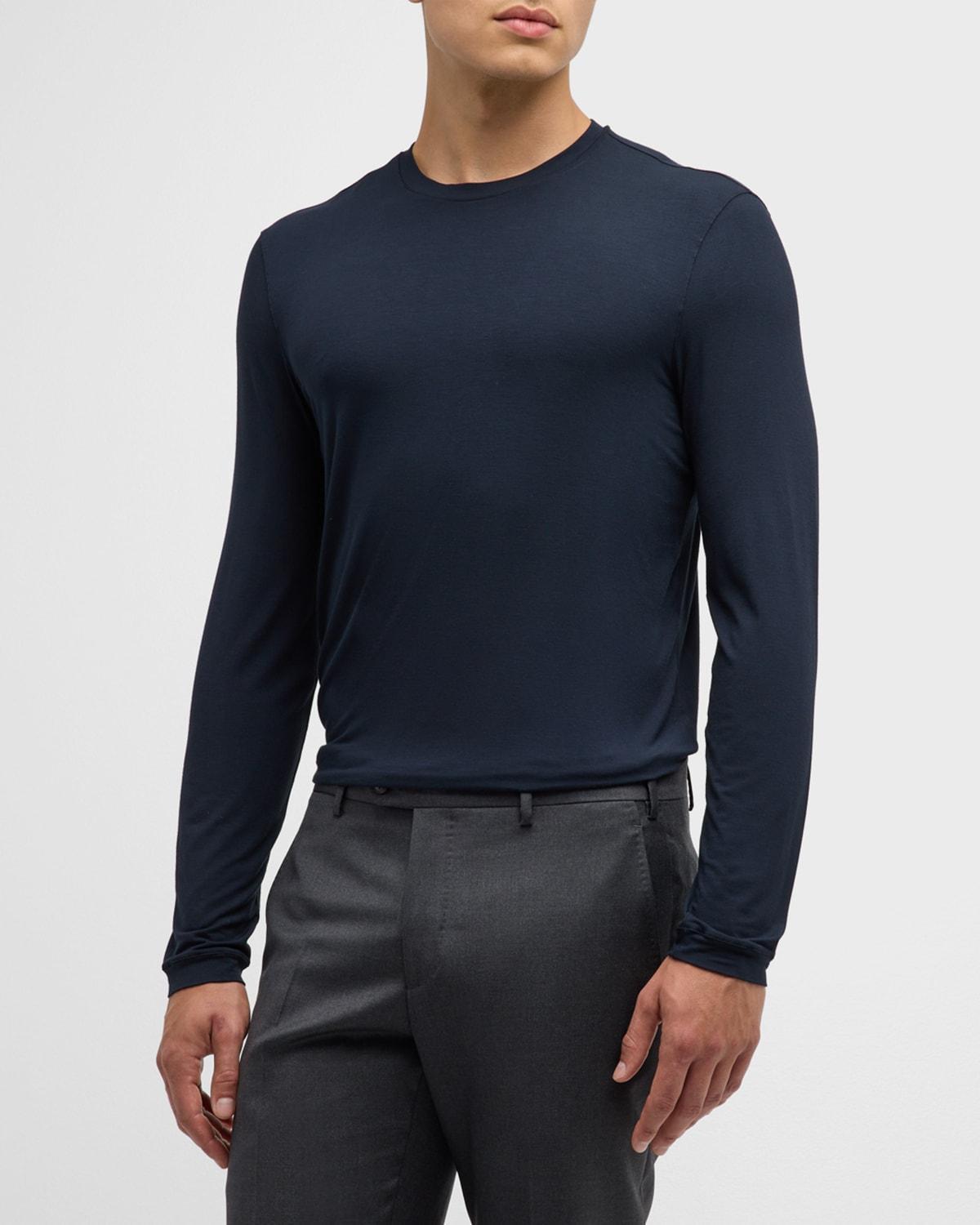 Mens Navy Stretch Viscose Long-Sleeve Crew T-Shirt Product Image