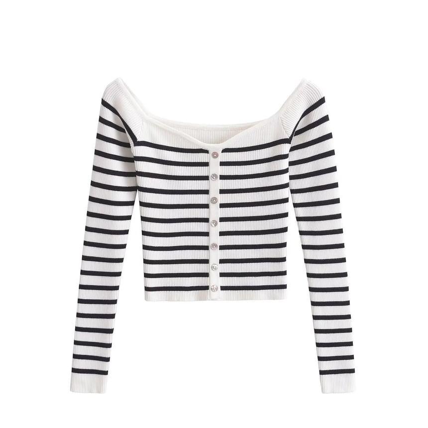 Long Sleeve Boat Neck Striped Button Up Cropped Knit Top Product Image