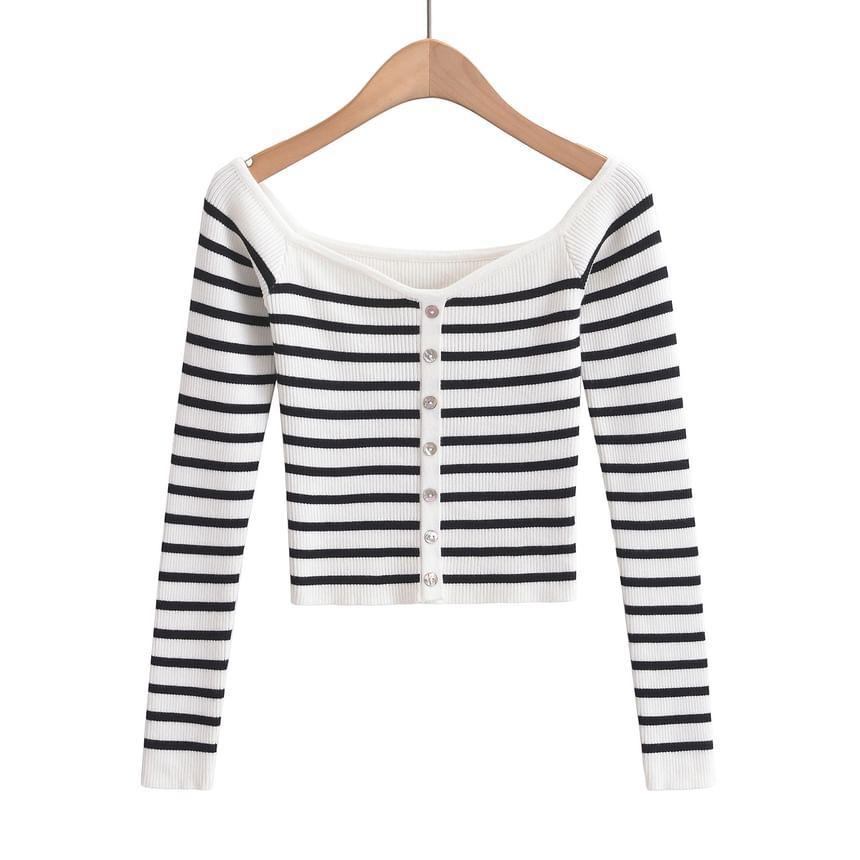 Long-Sleeve Boat Neck Striped Button Crop Knit Top Product Image