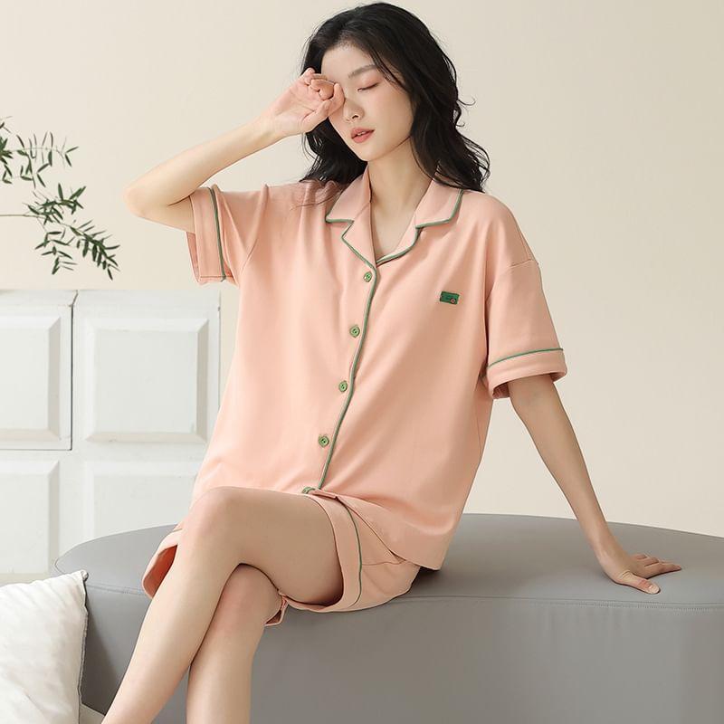 Couple Matching Pajama Set: Short-Sleeve Contrast Trim Button-Up Shirt + Shorts Product Image