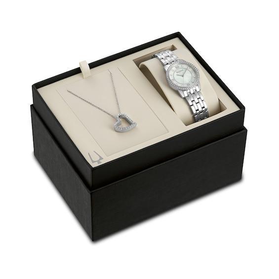 Womens Bulova Crystal Watch & Heart Necklace Gift Set - 96X155 Silver Product Image