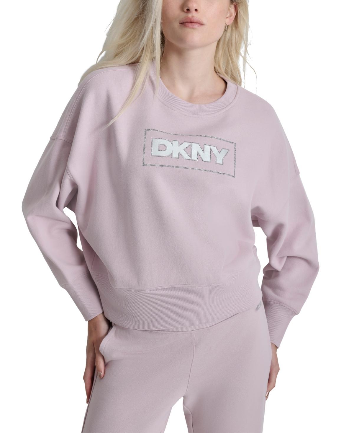 Dkny Sport Womens Rhinestone Crewneck Fleece Sweatshirt - Black Product Image