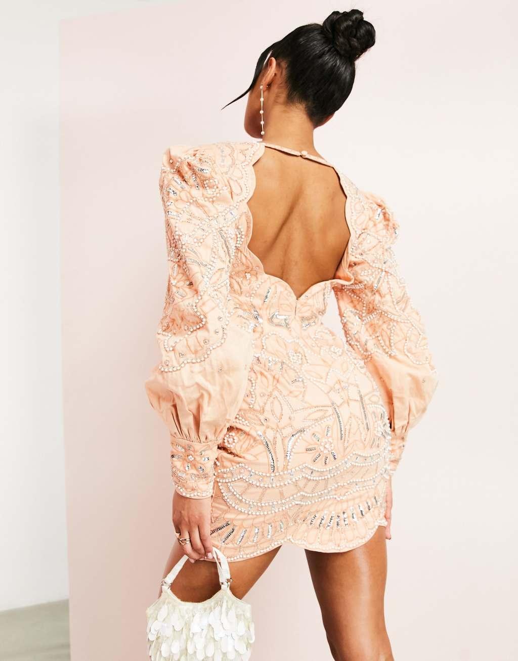 ASOS LUXE cotton mini dress with cutwork detail and embellishment in peach Product Image