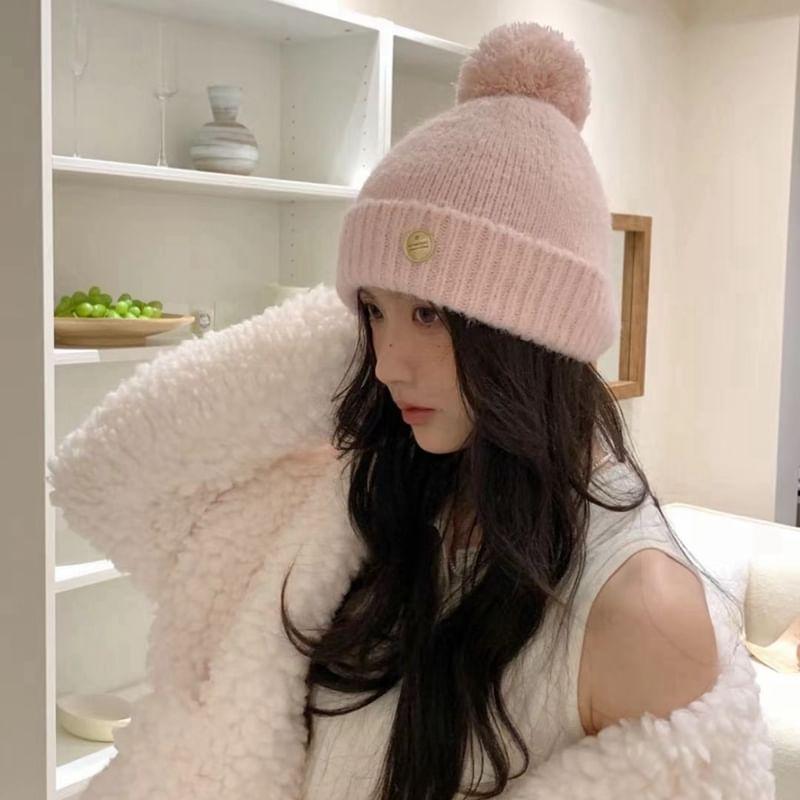 Buttoned Pom Pom Knit Beanie Product Image