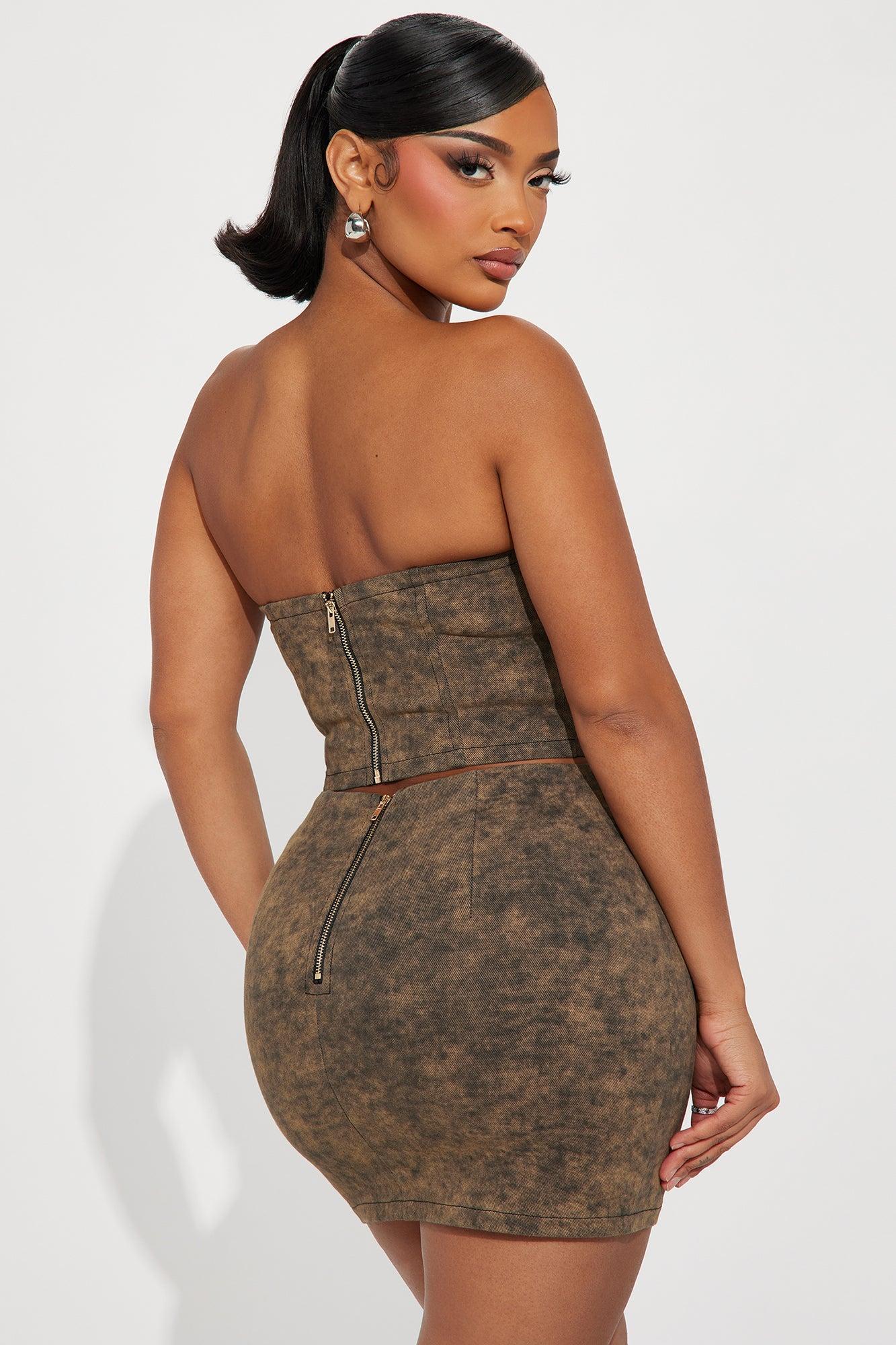 Jenny Washed Denim Skirt Set - Brown Product Image