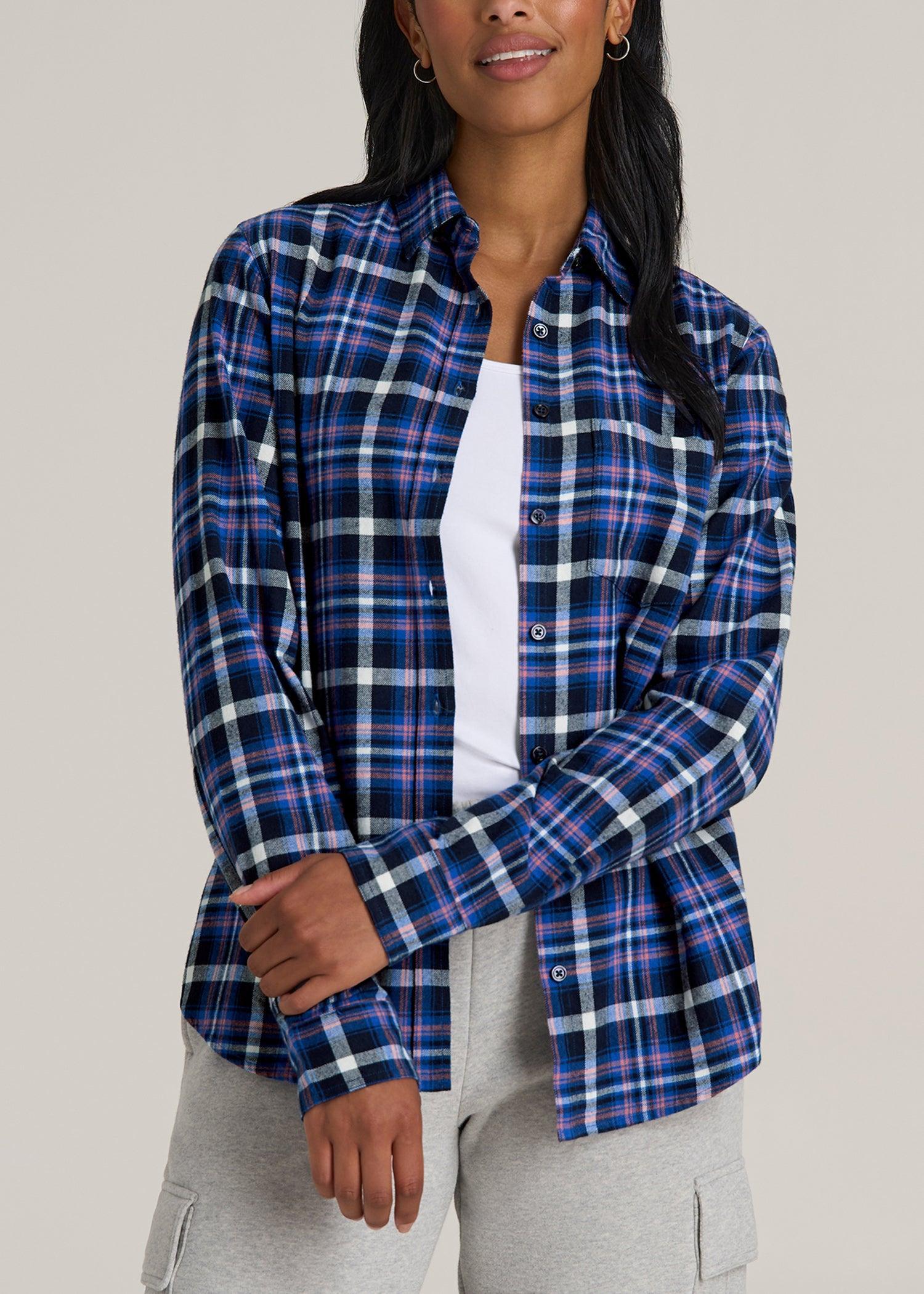 Flannel Button-Up Shirt for Tall Women in Cobalt, Navy, and Peach Plaid Female Product Image