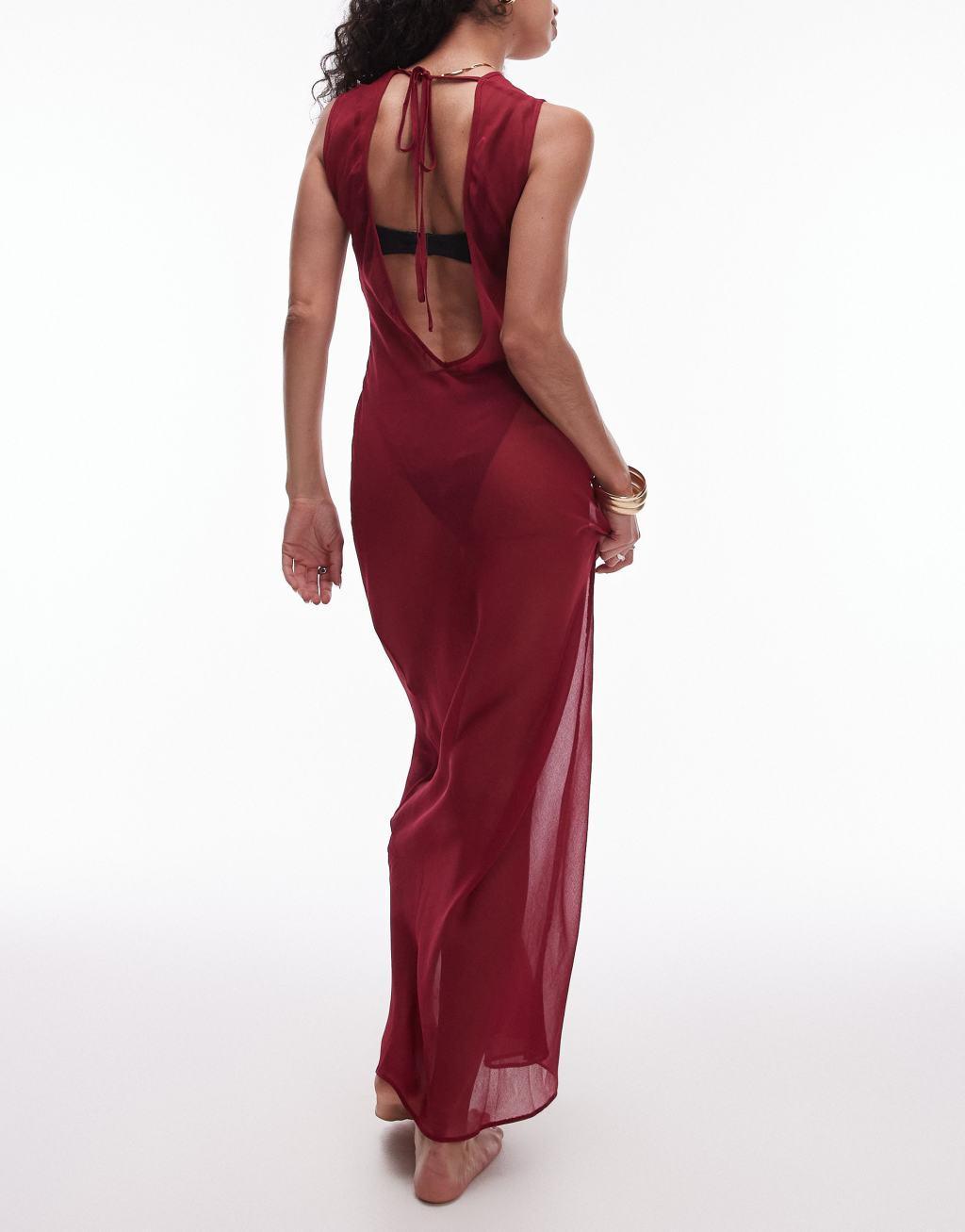 Topshop beach sheer bias maxi dress in cherry red  Product Image