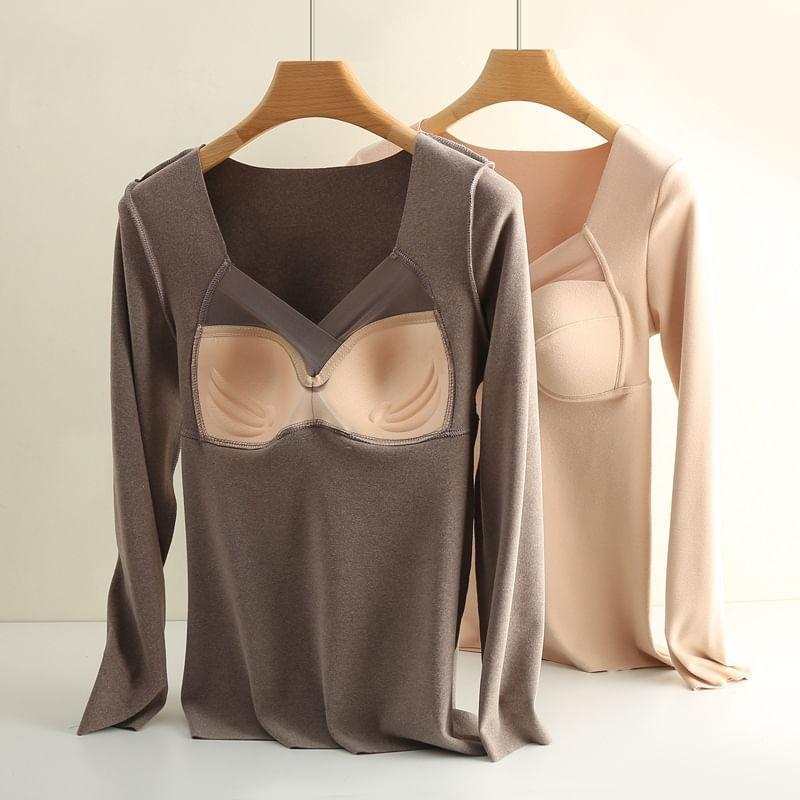 Long-Sleeve V-Neck Plain Padded Top Product Image