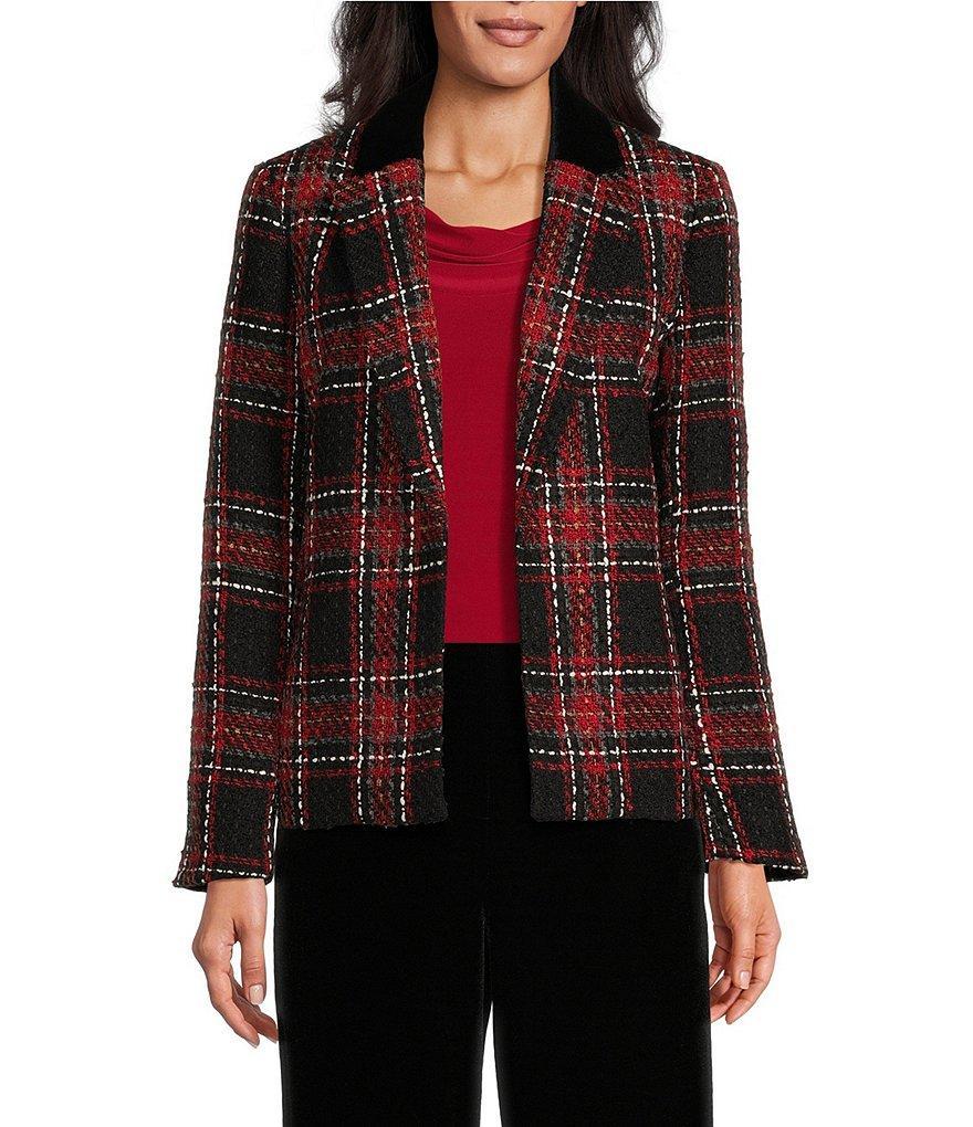 Kasper Plaid Tweed Velvet Notch Lapel Open-Front Jacket Product Image