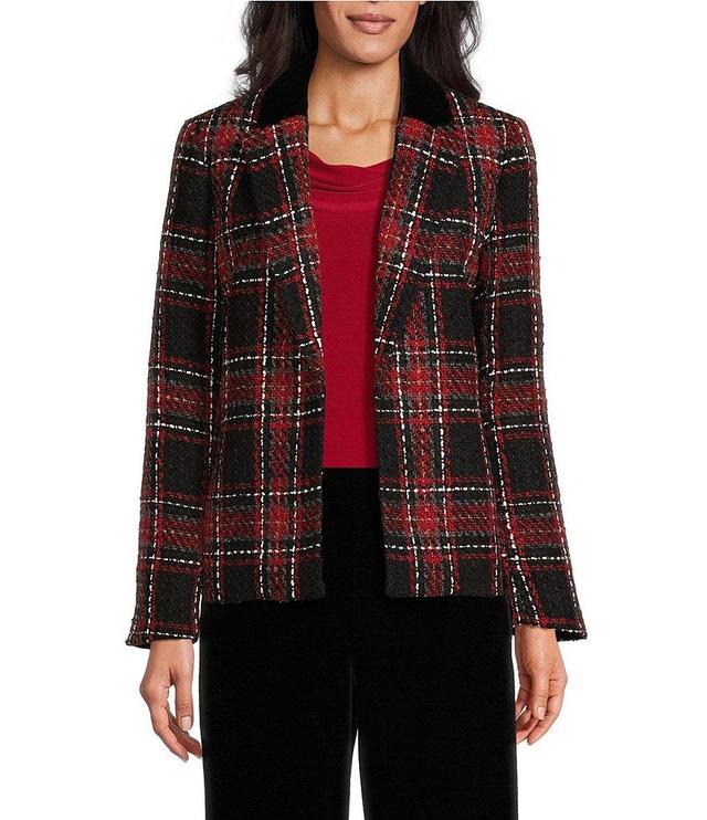 Kasper Petite Size Plaid Tweed Velvet Notch Lapel Open-Front Jacket Product Image