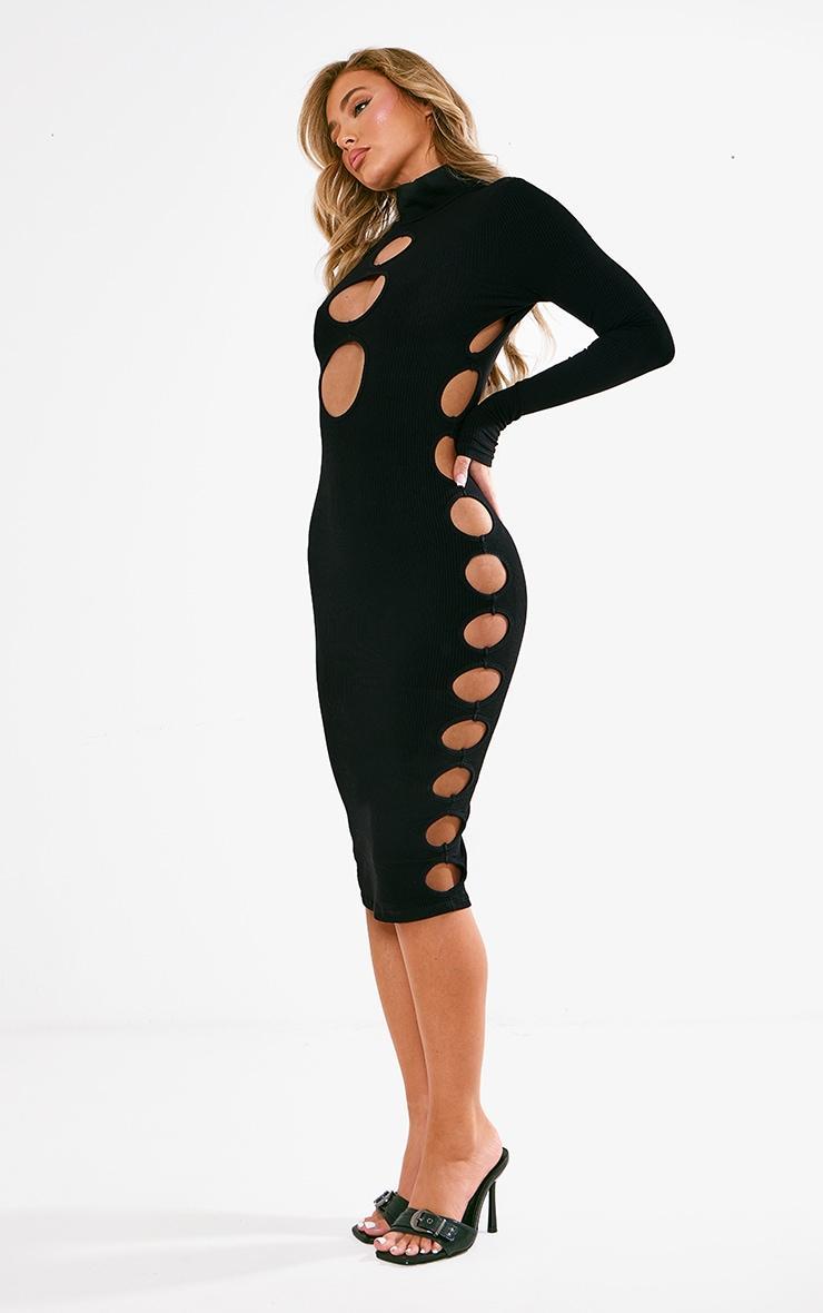 Black Heavy Rib Cutout High Neck Long Sleeve Bodycon Dress Product Image