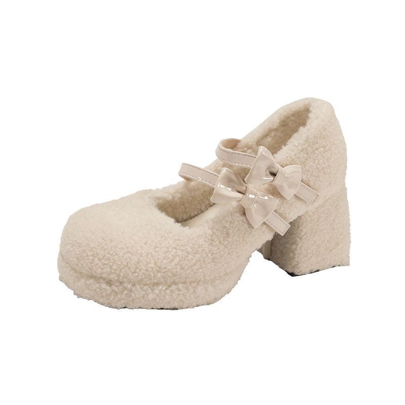 Bow Fleece Platform Chunky Heel Mary Jane Shoes Product Image