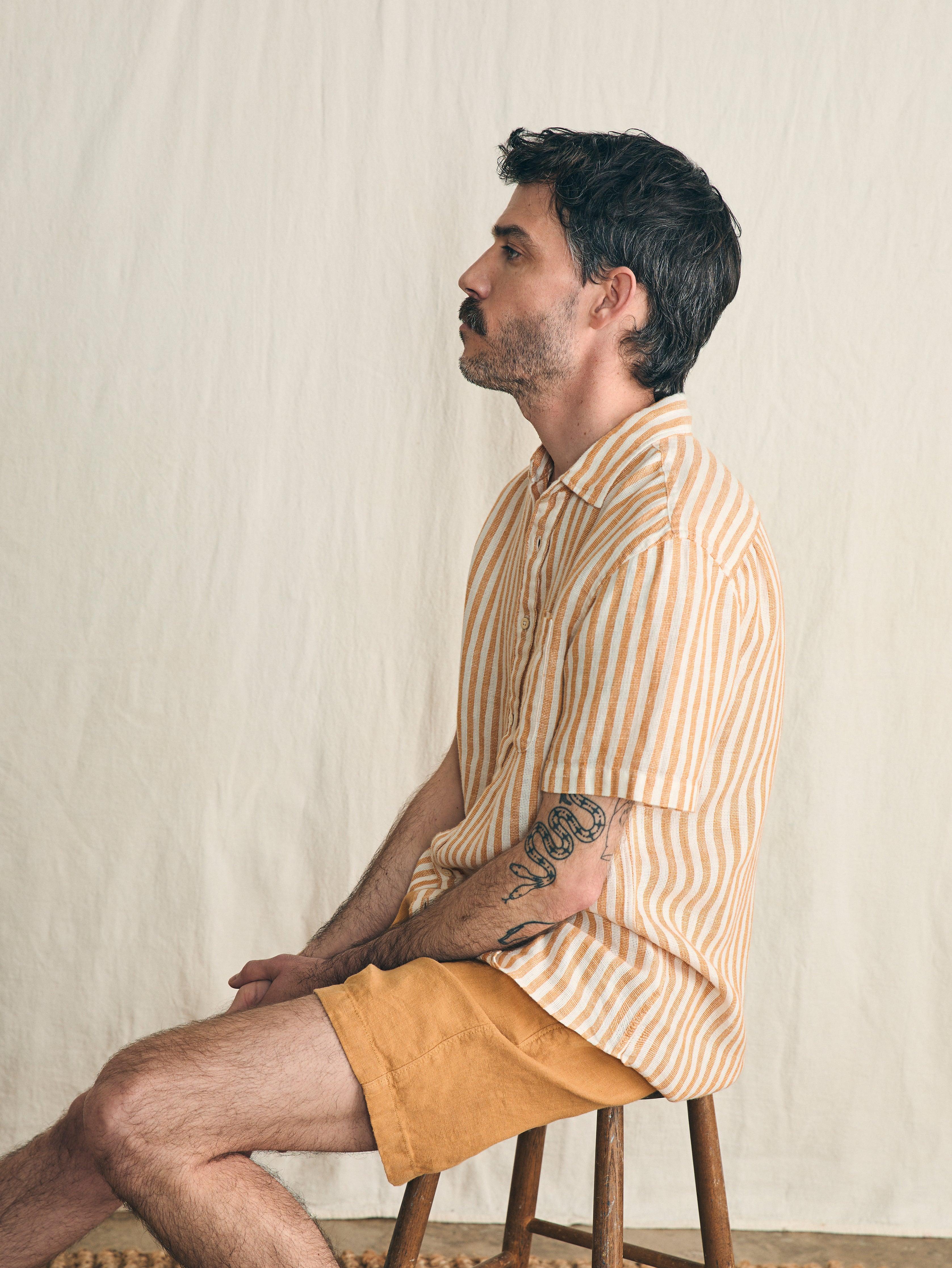 Short-Sleeve Palma Linen Shirt - Gold Ivory Stripe Male Product Image