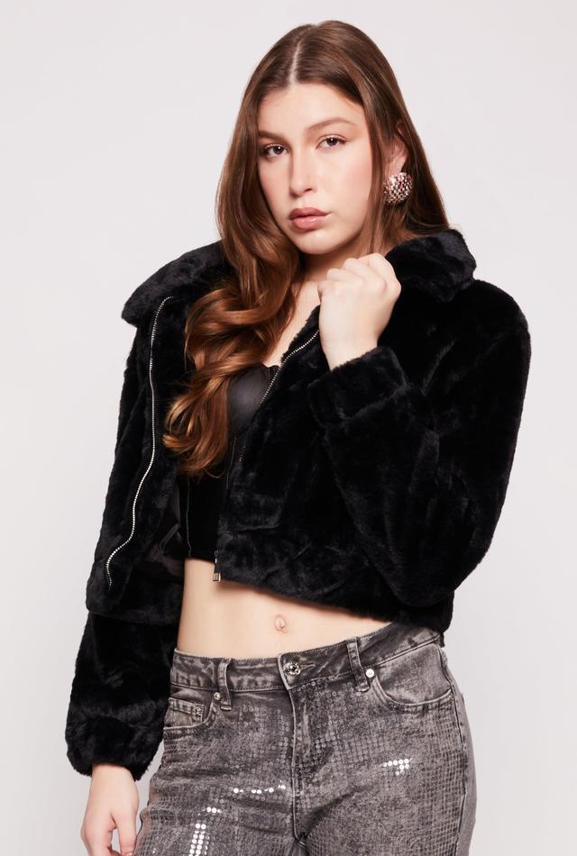 Womens Faux Fur Zip Front Cropped Jacket Product Image