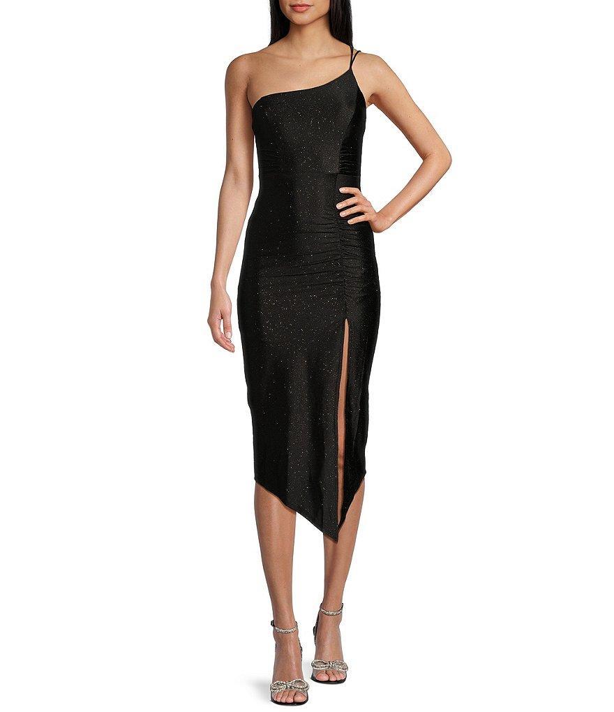 Honey and Rosie One Shoulder Glitter Knit A-Symmetrical Midi Dress Product Image