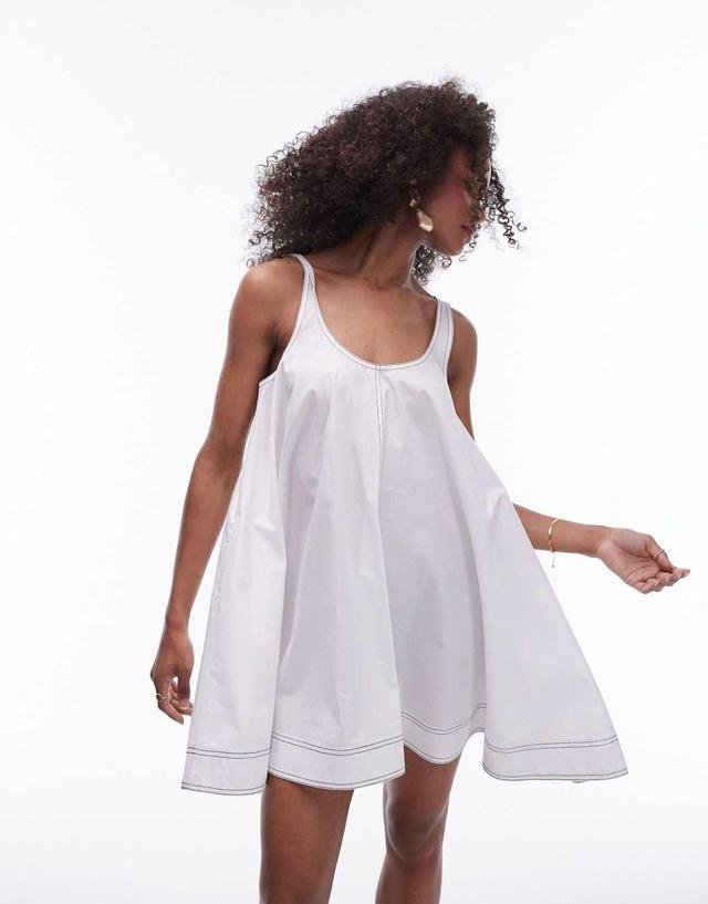 Topshop poplin trapeze mini dress with topstitch detail in white Product Image