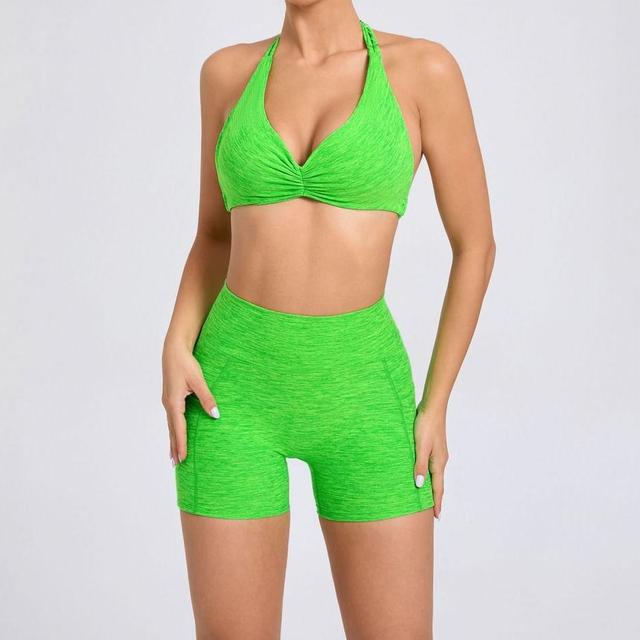 Set: Halter Melange Ruched Sports Bra + High Waist Yoga Shorts Product Image