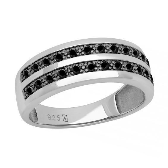 Men's Black Sapphire Ring Double Row in Sterling Silver Product Image