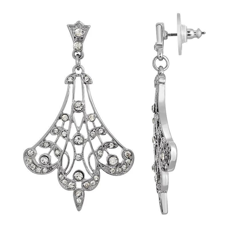 1928 Silver-Tone Crystal Fan Filigree Drop Earrings, Womens, Multicolor Product Image