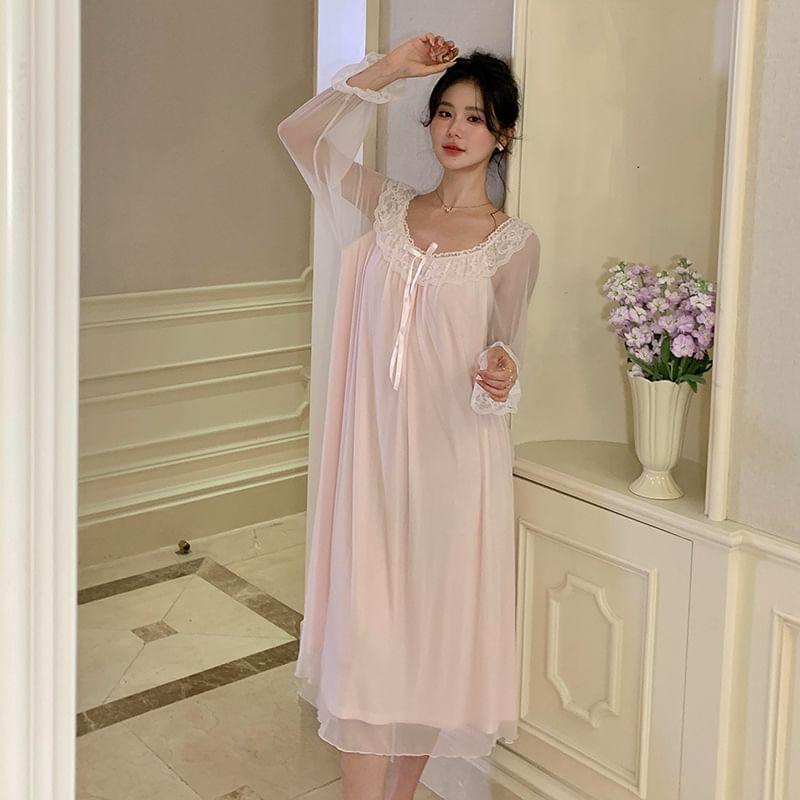 Puff-Sleeve Plain Lace Trim Pajama Dress Product Image