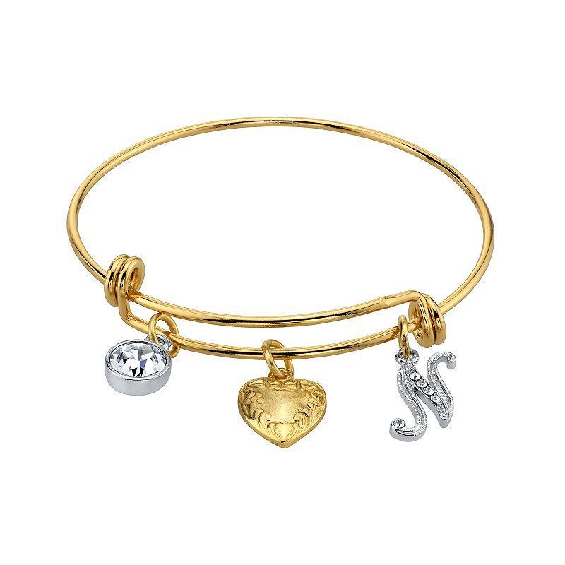 1928 Two Tone Crystal, Heart & Initial Charm Bangle Bracelet, Womens Product Image