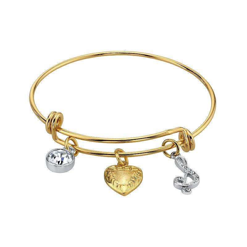 1928 Two Tone Crystal, Heart & Initial Charm Bangle Bracelet, Womens Product Image