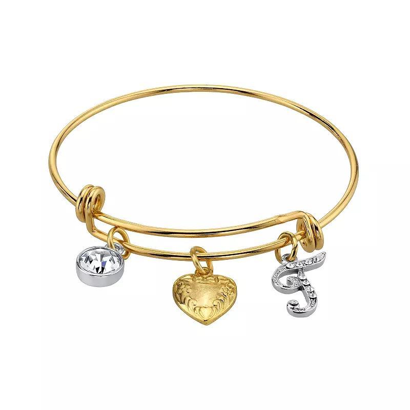 1928 Two Tone Crystal, Heart & Initial Charm Bangle Bracelet, Womens Product Image