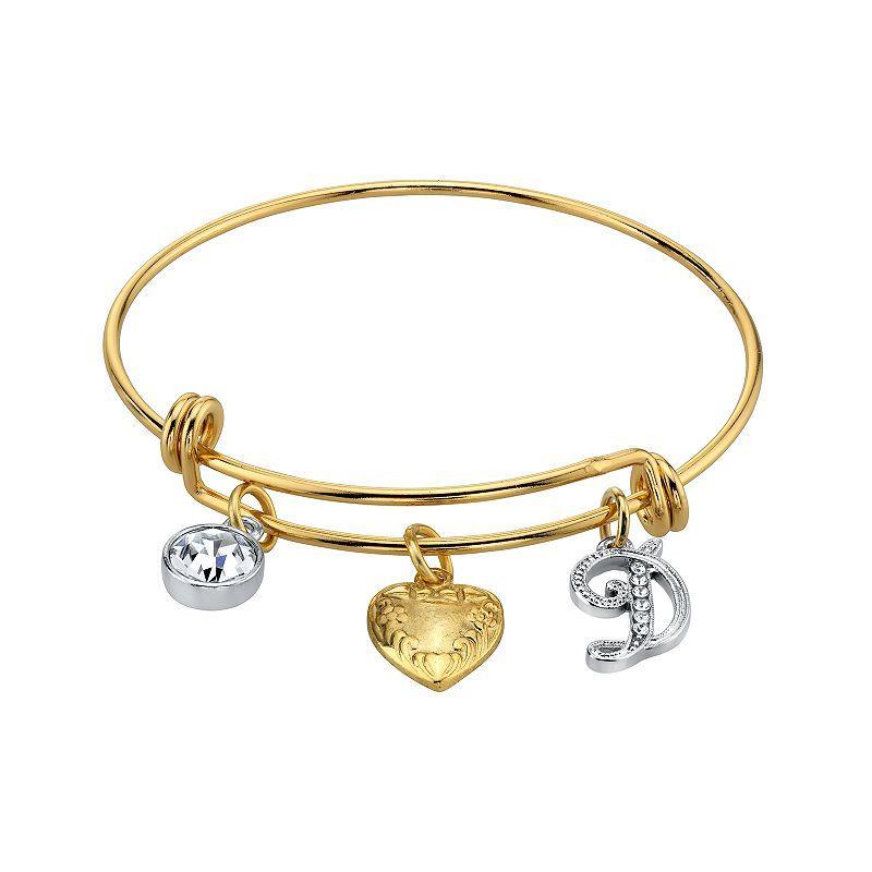 1928 Two Tone Crystal, Heart & Initial Charm Bangle Bracelet, Womens Product Image