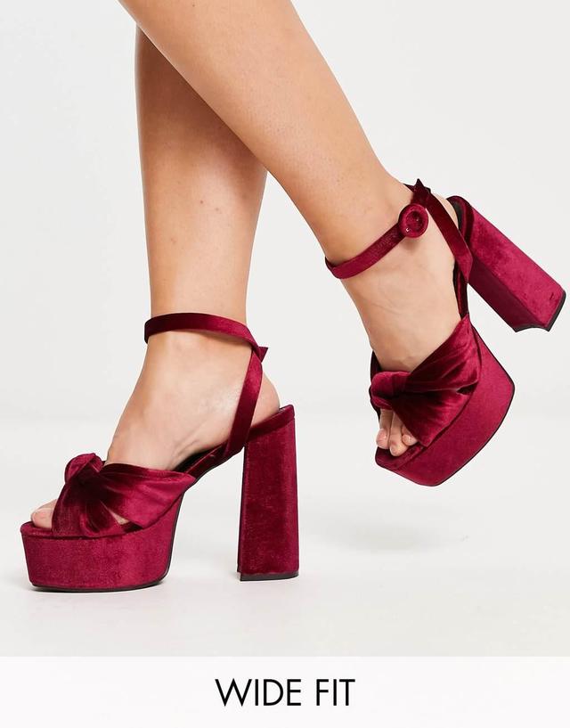 ASOS DESIGN Wide Fit Natia knotted platform heeled sandals in burgundy Product Image