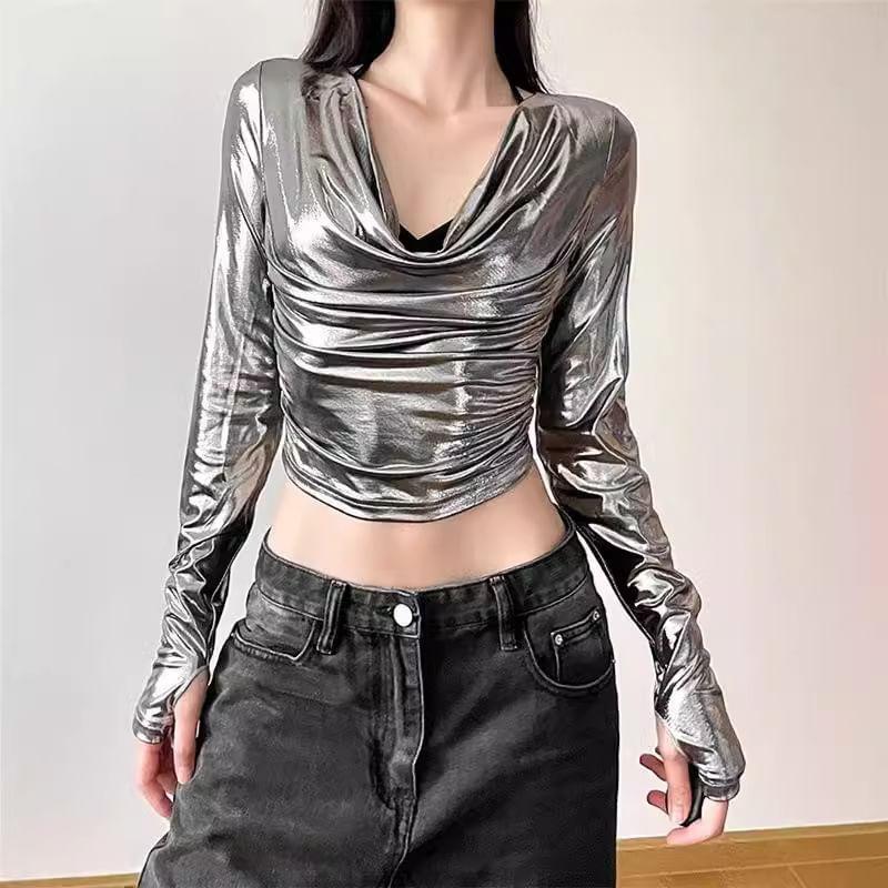 Cowl Neck Long Sleeve Metallic Ruched Crop Top Product Image