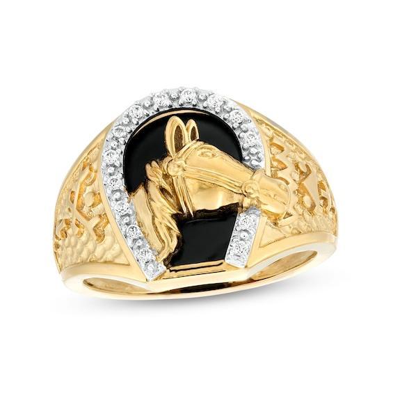 Men's Onyx and 1/8 CT. T.w. Diamond Horse Nugget Ring in 10K Gold Product Image