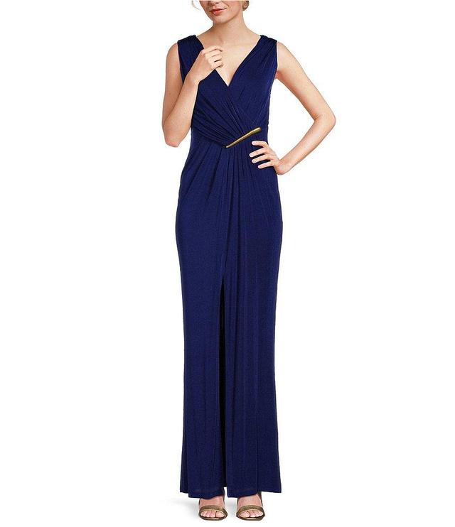 Donna Karan V-Neck Sleeveless Ruched Gold Broach Sheath Dress Product Image