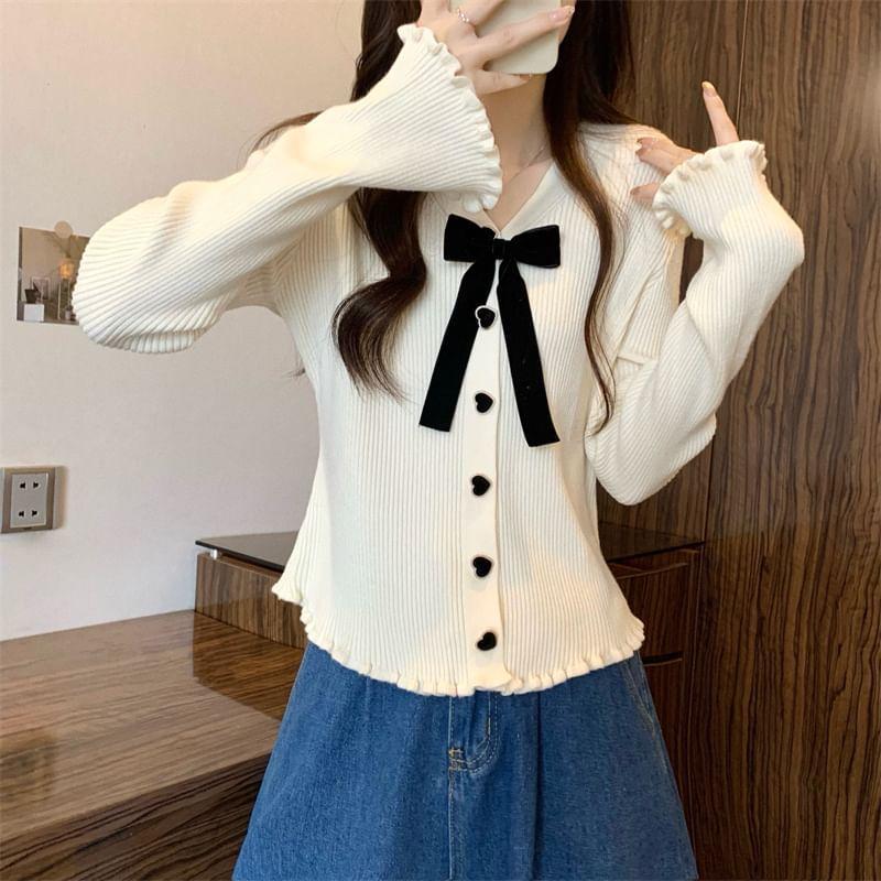 Long-Sleeve V-Neck Bow Heart Button Ribbed Knit Top Product Image