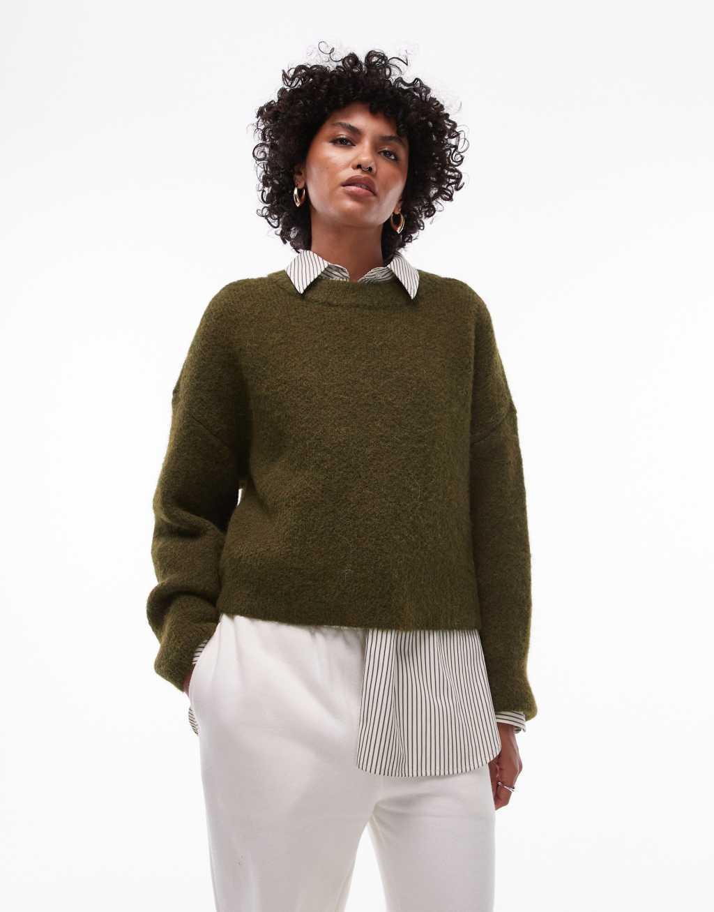 Topshop knit fluffy relaxed ultimate sweater in khaki Product Image