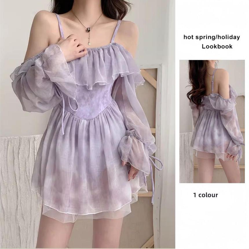 Long Sleeve Cold Shoulder Patterned Print Ruffle Swimdress Product Image