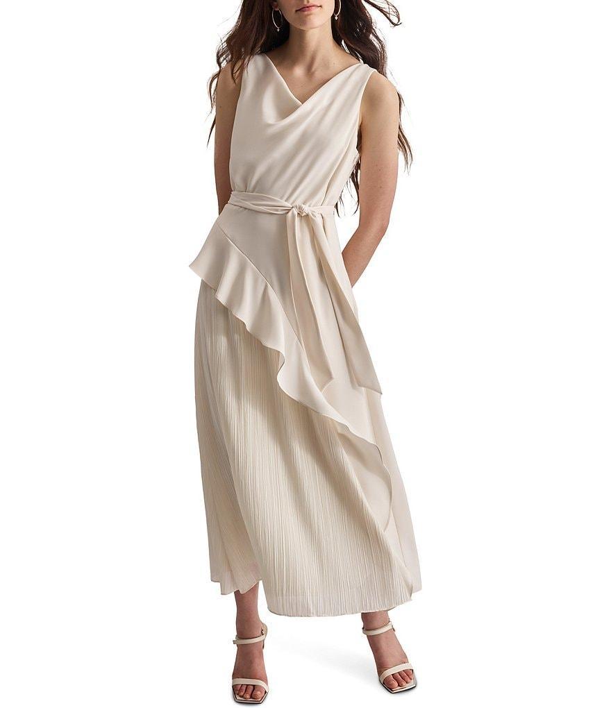 DKNY Drapey Crepe Cowl Neck Sleeveless Cascading Ruffle Tie Waist Midi Dress Product Image