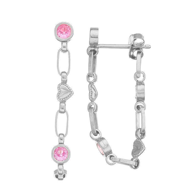 Kristen Kesho Sterling Silver Lab-Created Pink Sapphire Front-to-Back Heart Link Chain Hoop Earrings, Womens, Grey Product Image