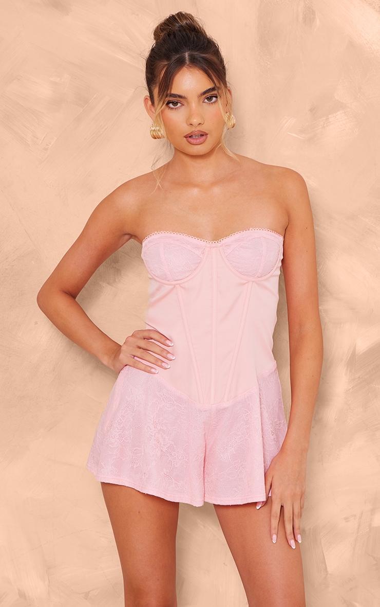 Dusty Pink Satin Corset Detail Lace Romper Product Image