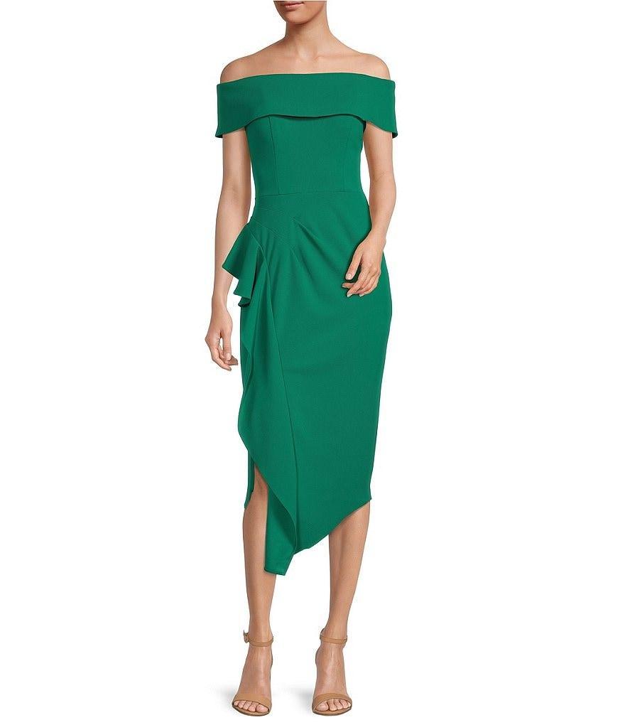 Betsy & Adam Off-the-Shoulder Short Sleeve Stretch Crepe Drape Front Sheath Midi Dress Product Image