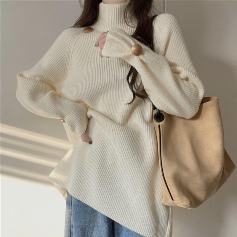 Long-Sleeve High Neck Plain Ribbed Sweater Product Image