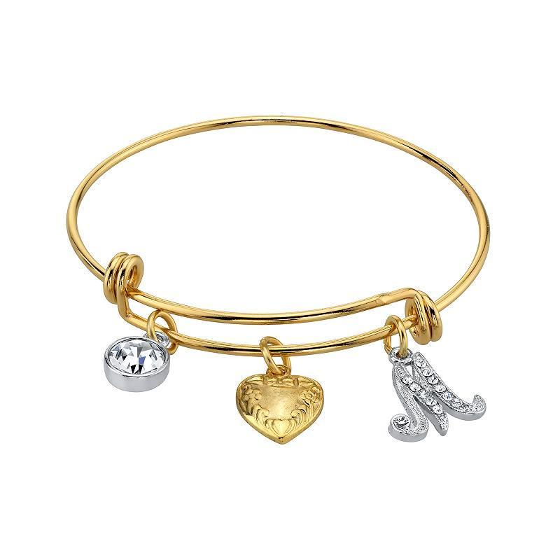 1928 Two Tone Crystal, Heart & Initial Charm Bangle Bracelet, Womens Product Image