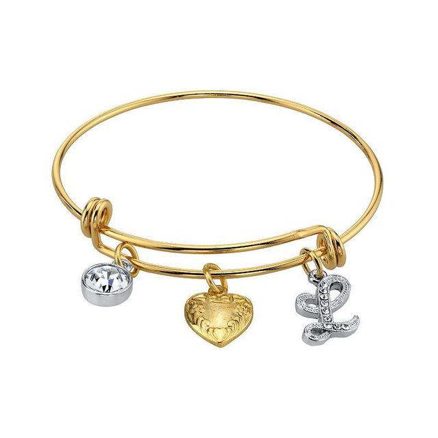 1928 Two Tone Crystal, Heart & Initial Charm Bangle Bracelet, Womens Product Image